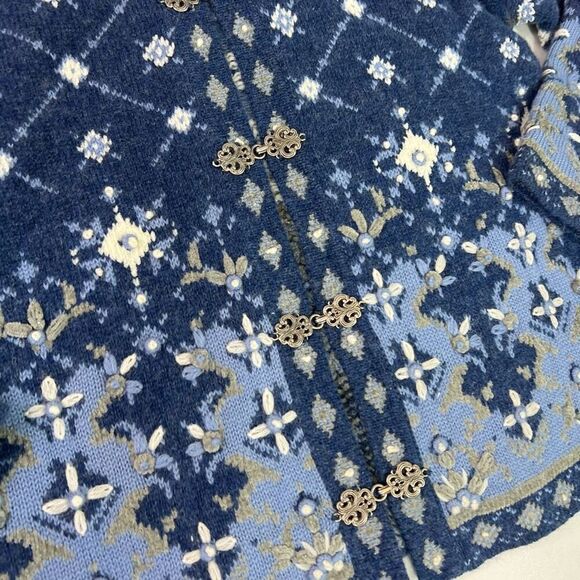 SKYR Sweaters Womens Medium Petite Wool Blend Fair Isle Nordic Buttons Blue Fall - Picture 2 of 9